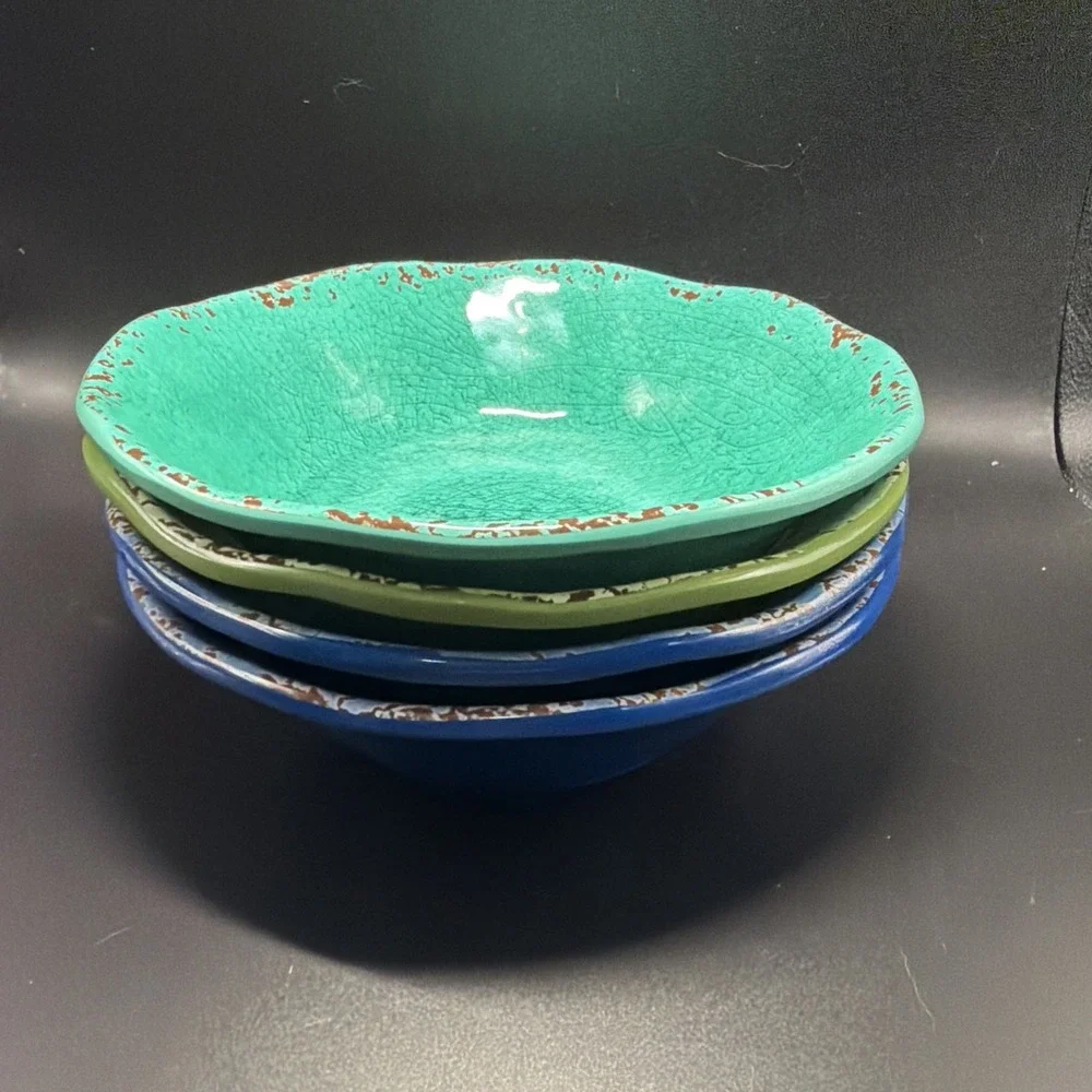 Pier 1 Carmelo Crackle Melamine Bowls Lot Of 4 Party Multicolor Cereal Salad Set